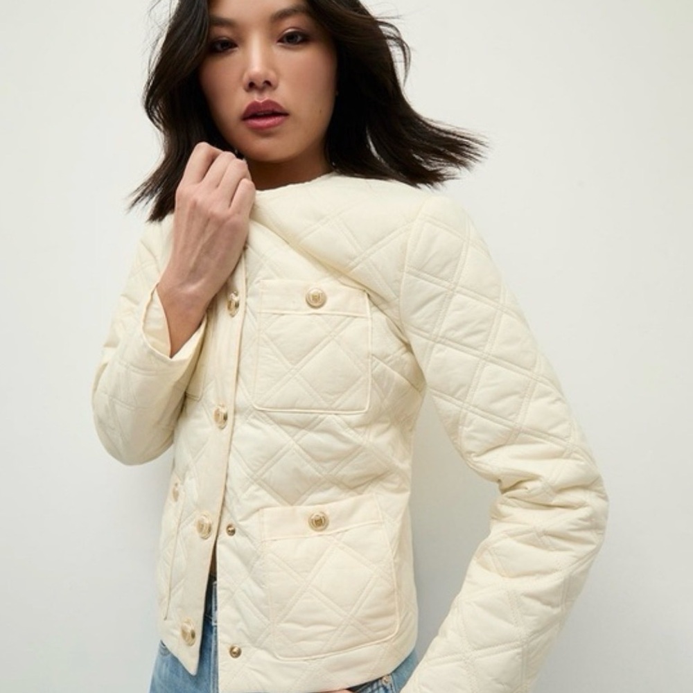 Veronica Beard Cream Quilted Button-Front Puffer Jacket